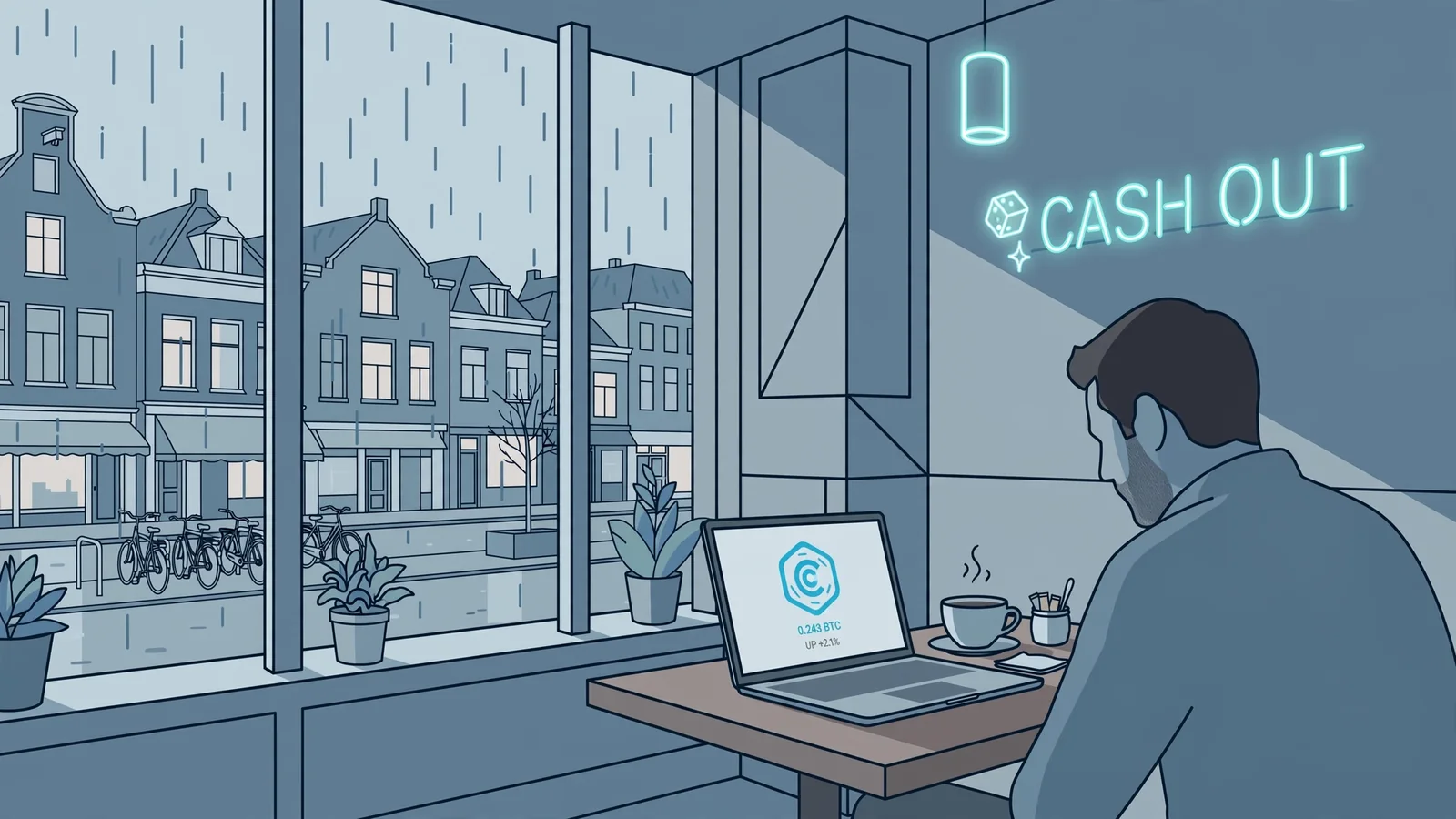 Modern café met laptop en neon verlichting