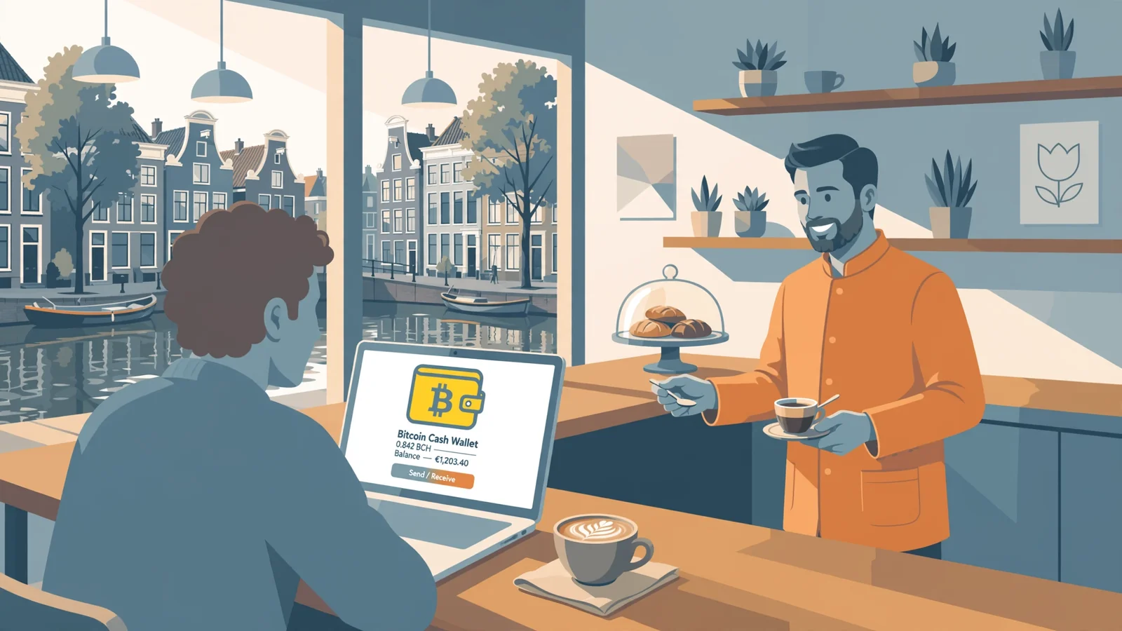 Moderne Nederlandse café met laptop en Bitcoin Cash portemonnee