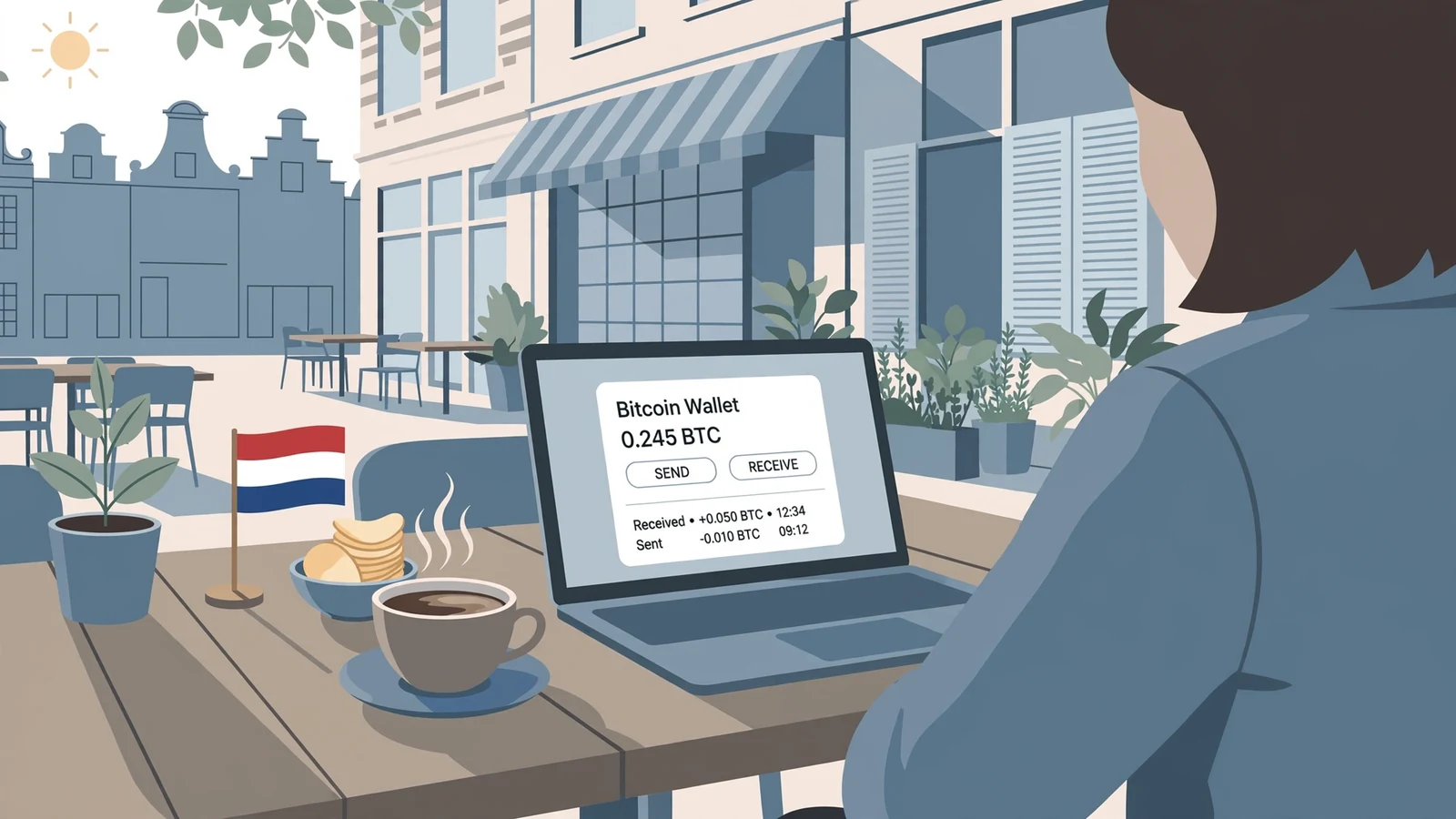 Nederlandse café met laptop, Bitcoin portemonnee en chips