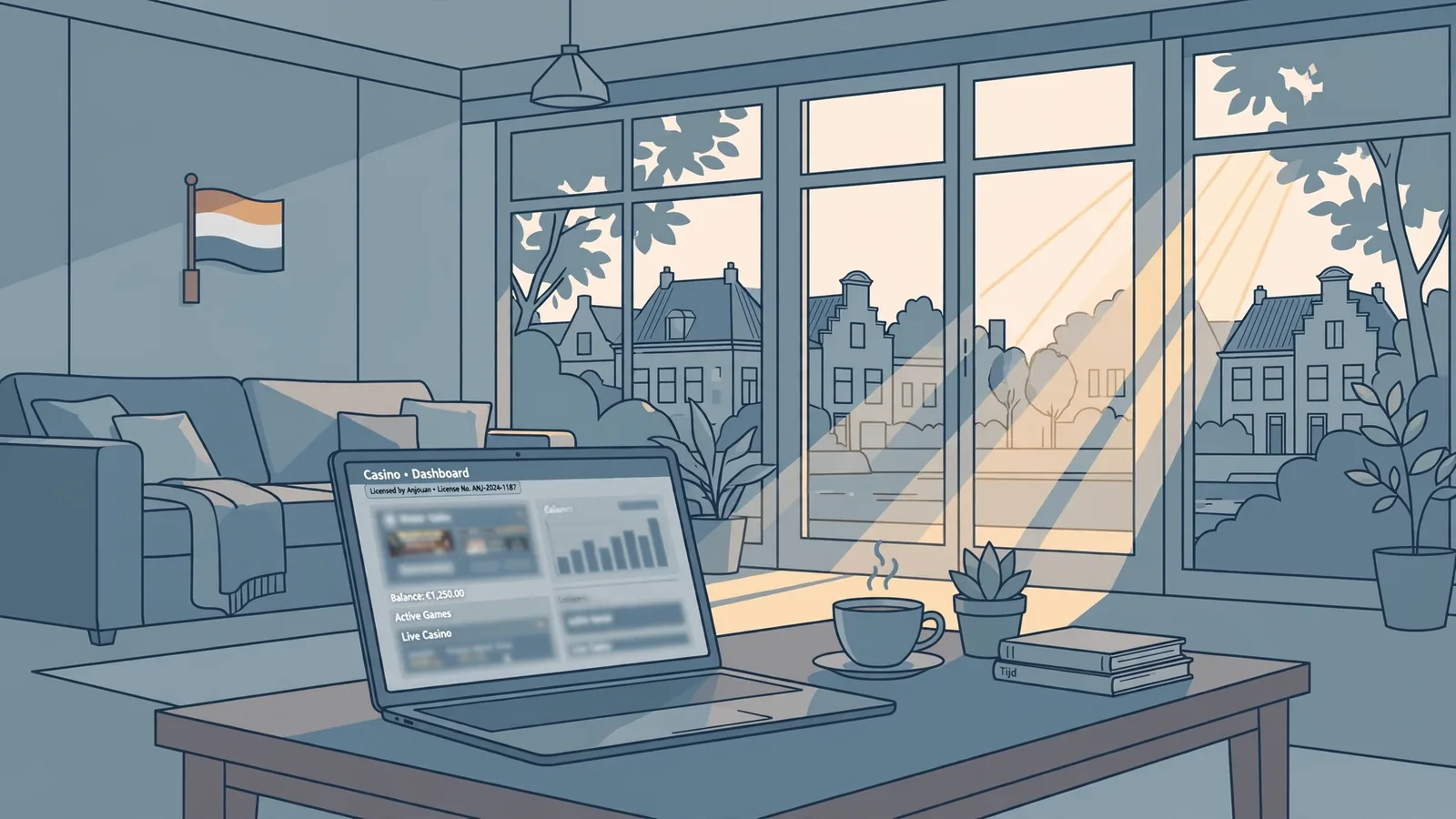 Modern woonkamer met laptop en koffie, zacht licht