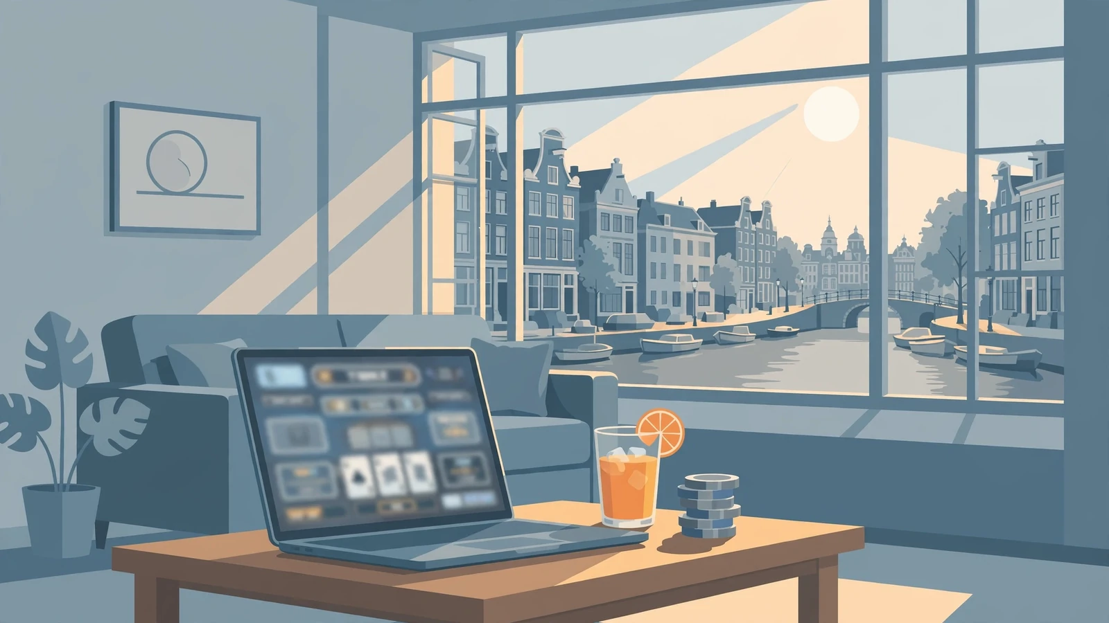 Modern woonkamer met Amsterdams kanaal en casinochips