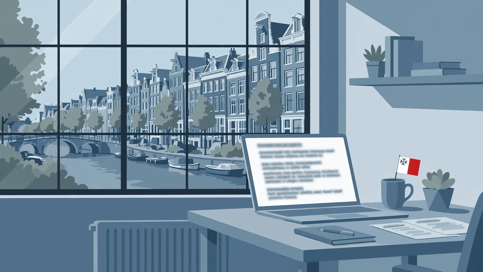Kantoor met Amsterdams kanaal, laptop en Maltese vlag in zacht daglicht