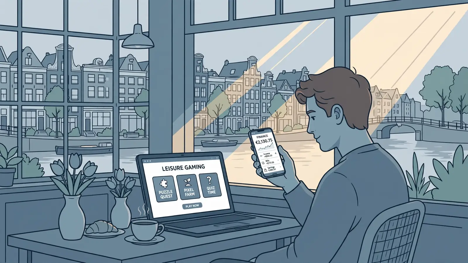 Jong persoon in Amsterdam café met smartphone en laptop, bankapp en casino website.