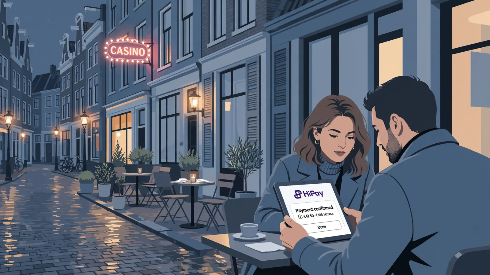 Gezellig Nederlands terras met neon casino en Hipay tablet