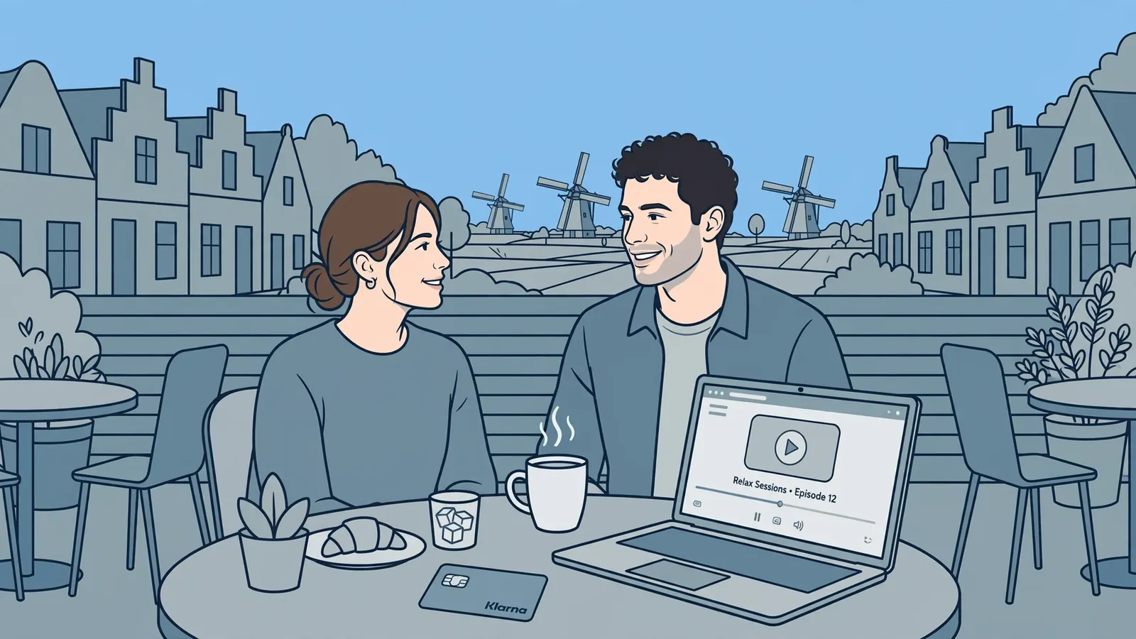 Jonge stel met laptop en Klarna-kaart op terras