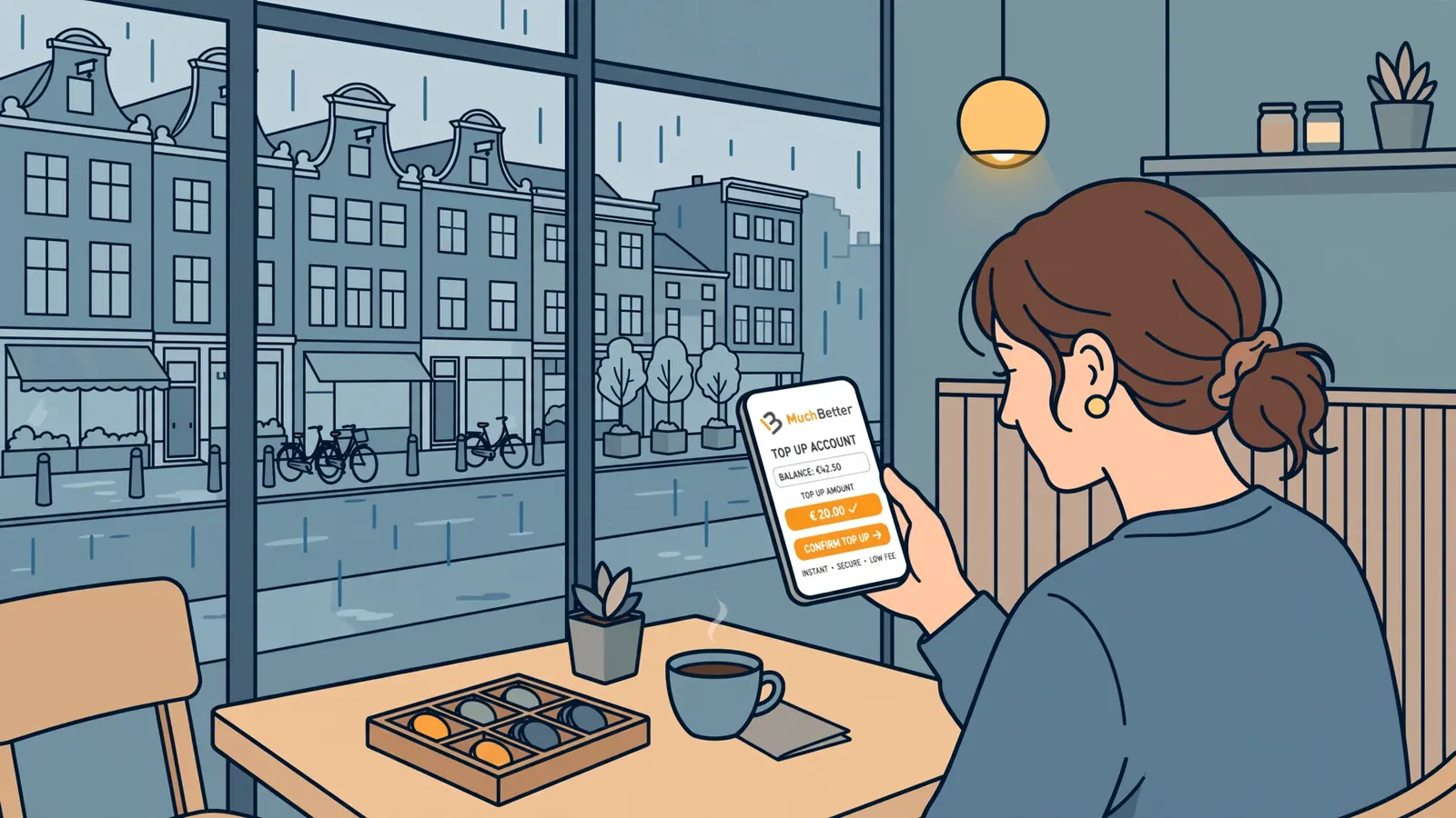 Jonge vrouw gebruikt MuchBetter in Nederlands café