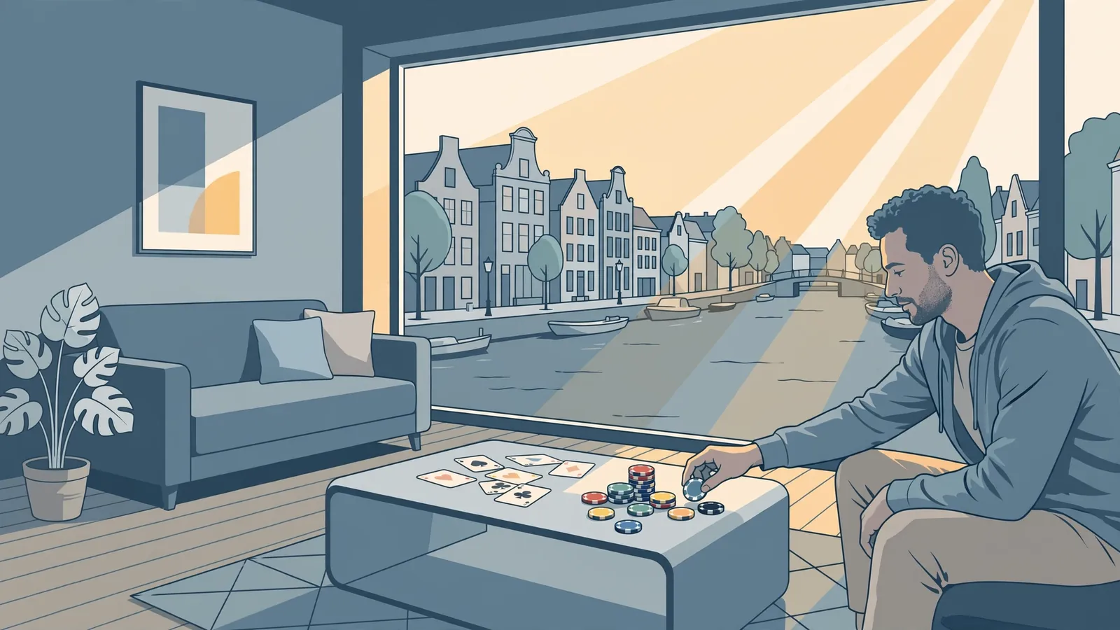 Nederlandse woonkamer met casinofiches en kaarten, zonnig licht