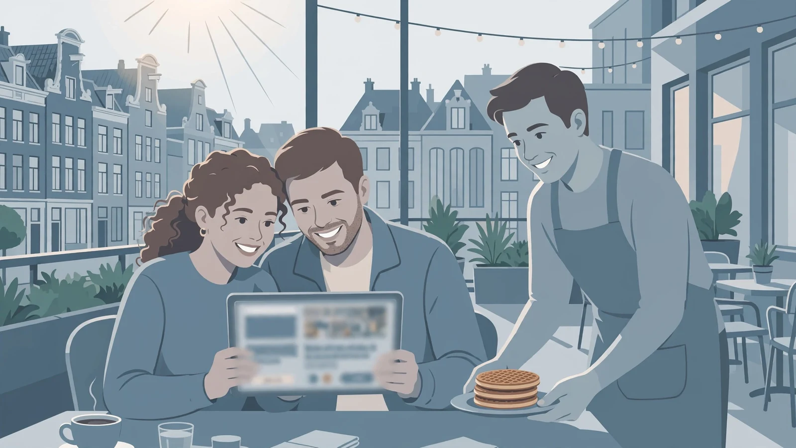 Jong stel in Amsterdam café met tablet en stroopwafels