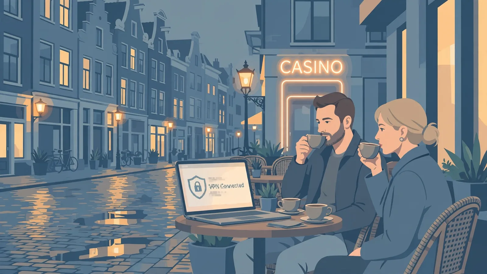 Koppel met laptop en VPN-icoon bij café, casino neon op de achtergrond