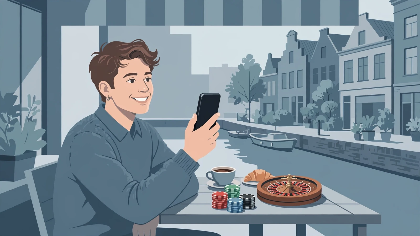 Jonge Nederlander met casinofiches bij een café aan het kanaal