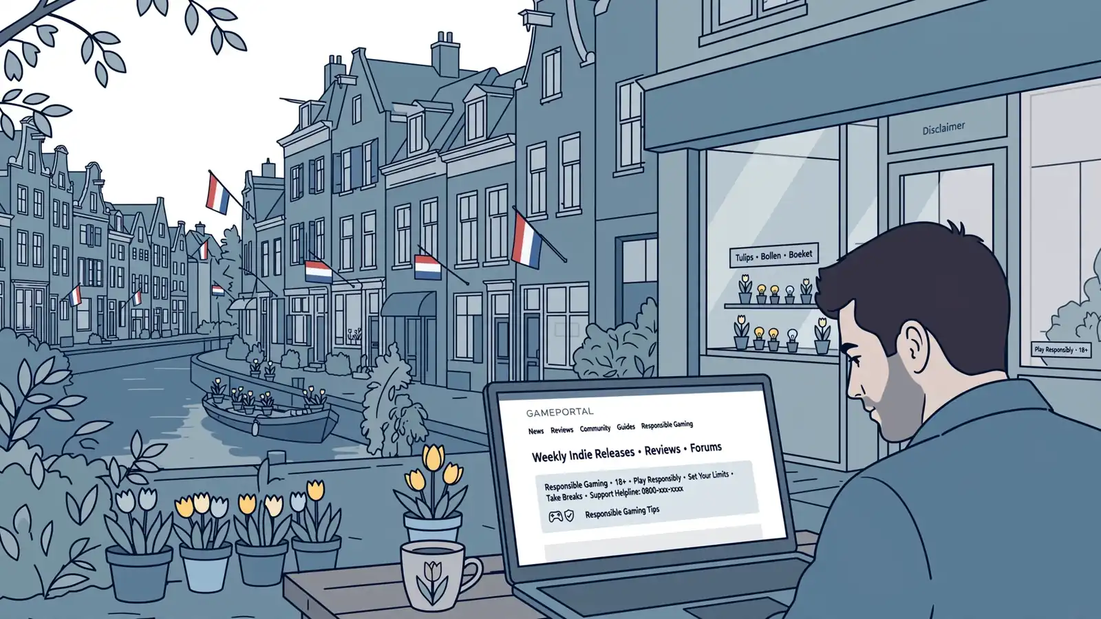 Rustig Nederlands straatbeeld met disclaimer en laptop
