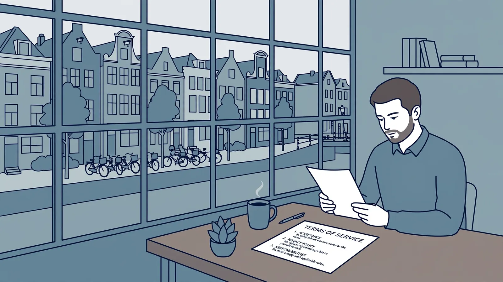 Jonge professional leest voorwaarden bij een raam met fietsen.
