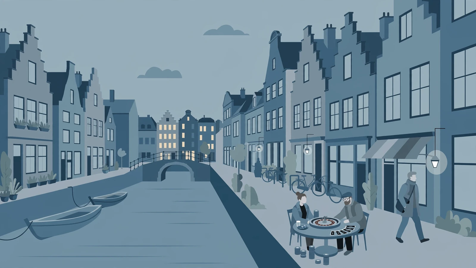 Gezellige Nederlandse straat met casinofiches en roulette