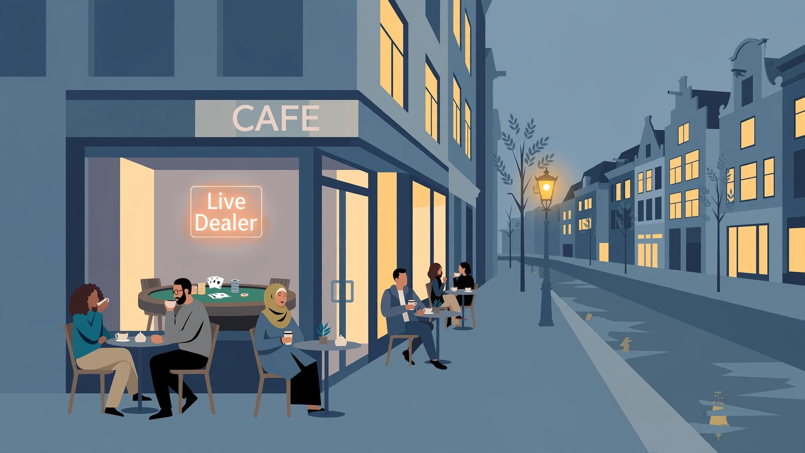 Live dealer tafel in Nederlands café bij schemerlicht