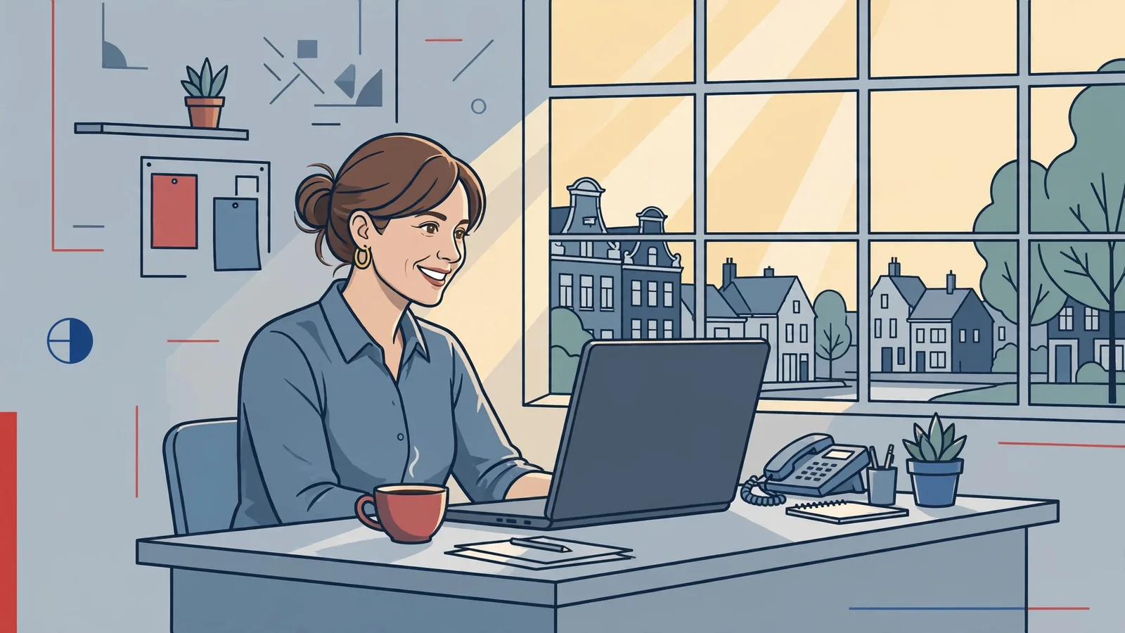Vriendelijke Nederlandse receptionist achter een bureau