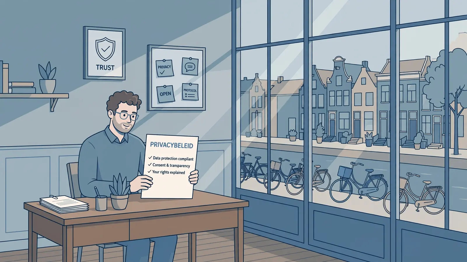 Nederlandse kantooromgeving met privacybeleid document en kanaal buiten.
