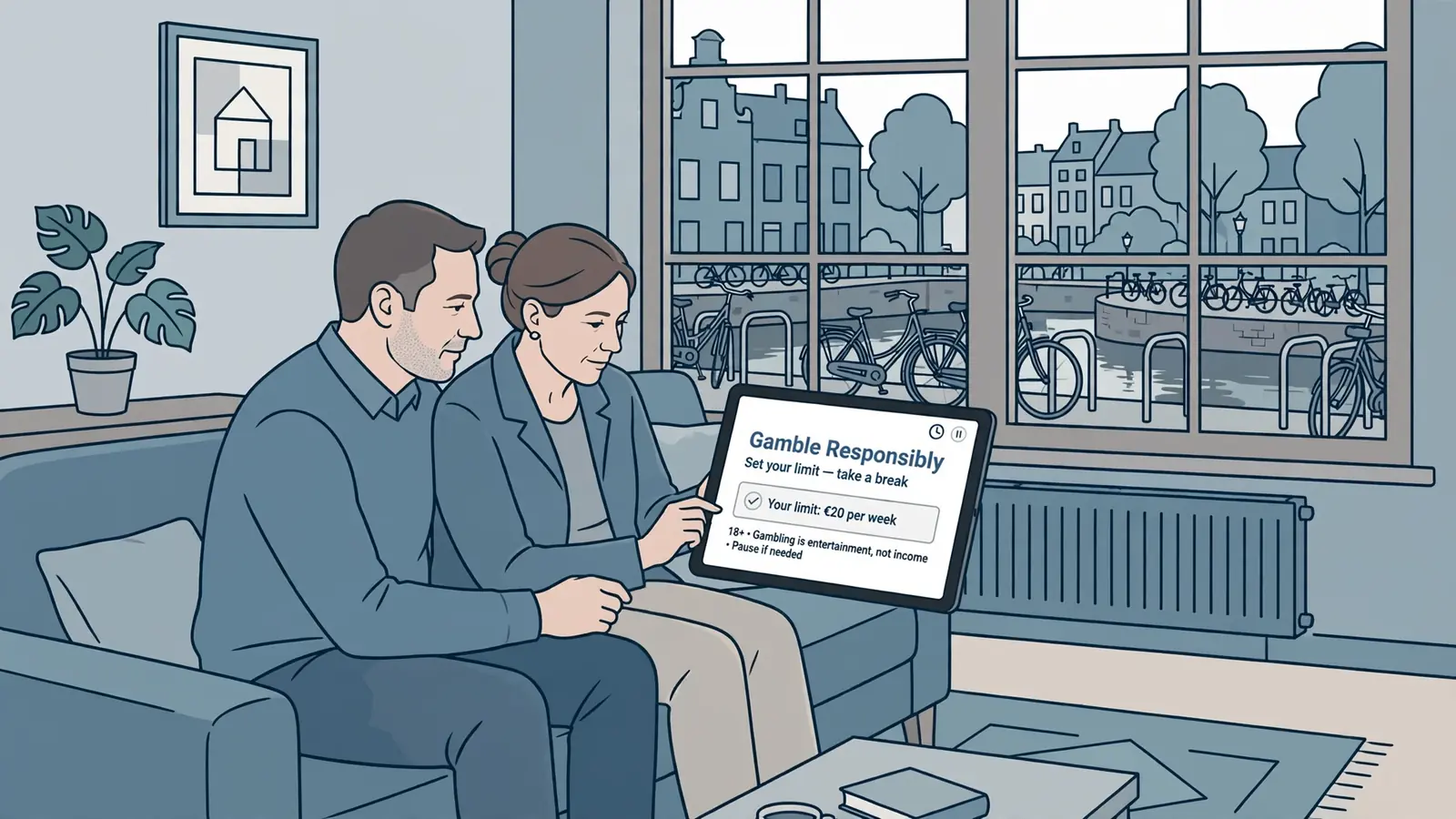 Gezinskamer met tablet en verantwoord gokken boodschap